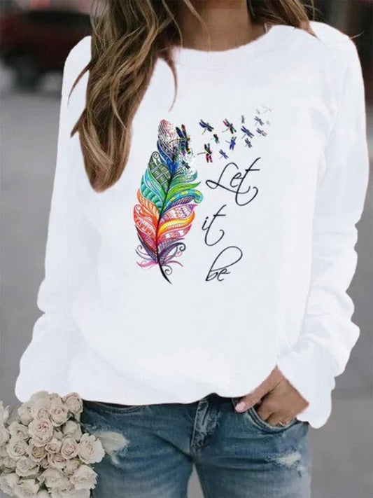 Women's Pullover – Relaxed Fit – Soft Cotton Texture – Feather Print – Long Sleeves