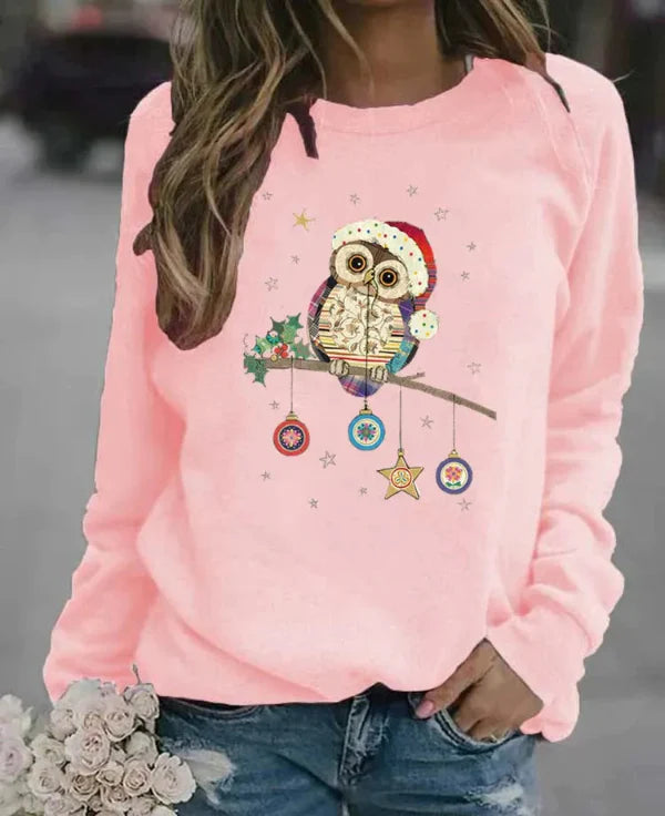 Women's sweatshirt – relaxed fit – soft cotton blend – owl Christmas motif