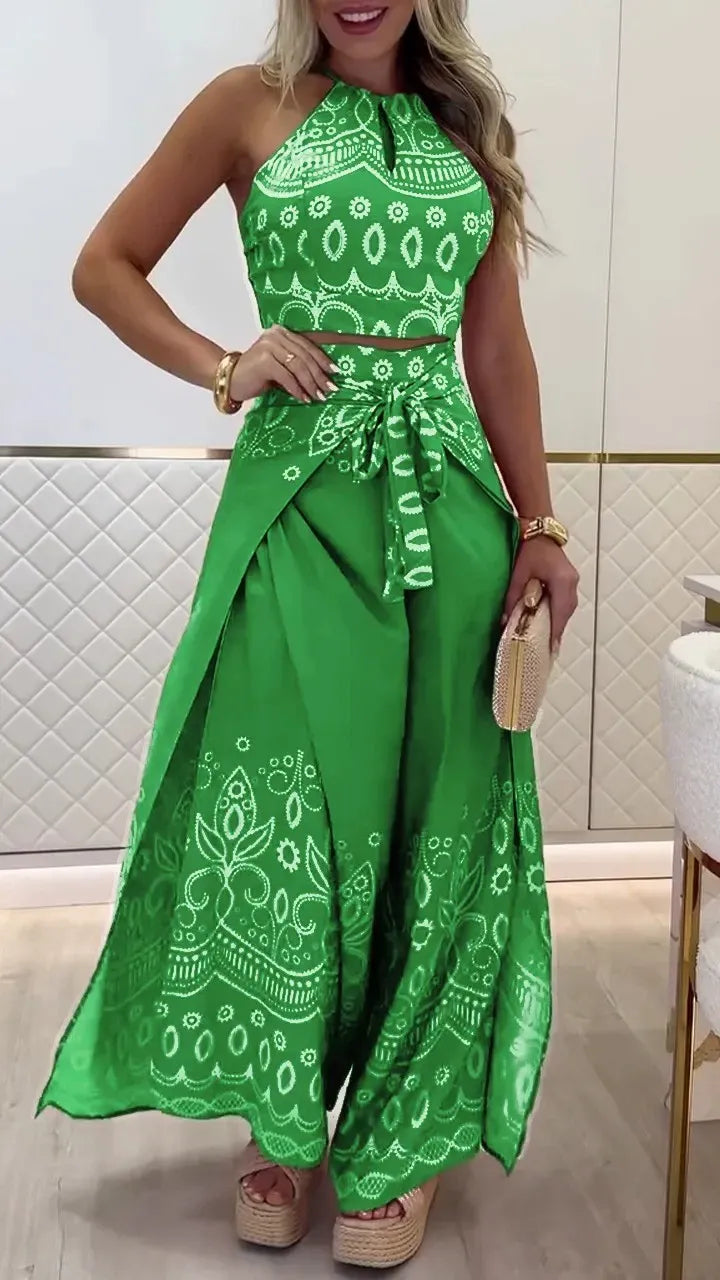 Women's Set – Halterneck Crop Top and Wide Pants – Retro Print – High Waist – Tie String