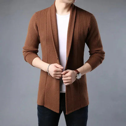 Men's Cardigan – Wool Knit – Regular Fit – Ribbed Texture – Open Front – Shawl Collar