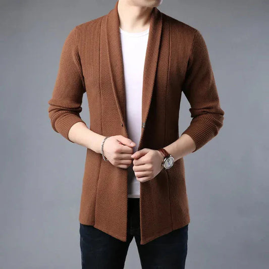 Men's Cardigan – Wool Knit – Regular Fit – Ribbed Texture – Open Front – Shawl Collar