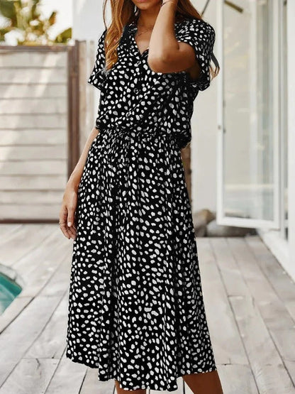 Dress for Women – Midi Length – Relaxed Fit – Button Closure – Tie Belt at Waist