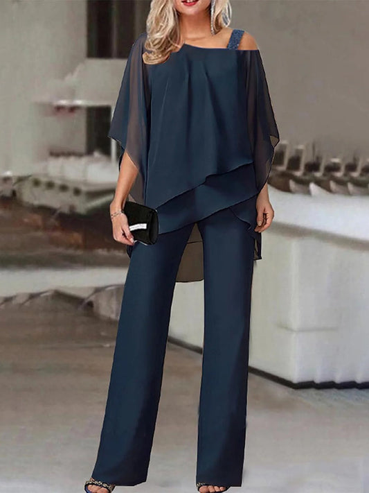 Women's Two-Piece Set – Off Shoulder Top in Light Fabric – Straight Full-Length Pants
