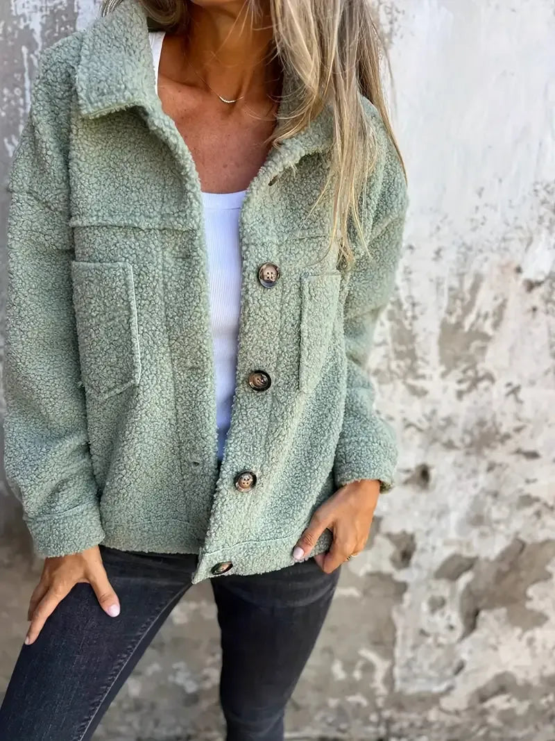Women's Jacket – Oversized Fit – Soft Teddy Texture – Button Closure – Casual Look