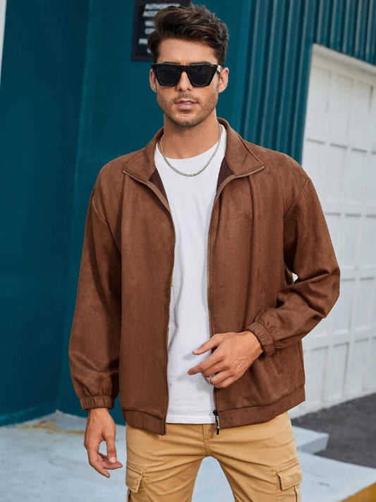 Men's Jacket – Relaxed Fit – Suede-like Texture – Stand Collar – Zipper