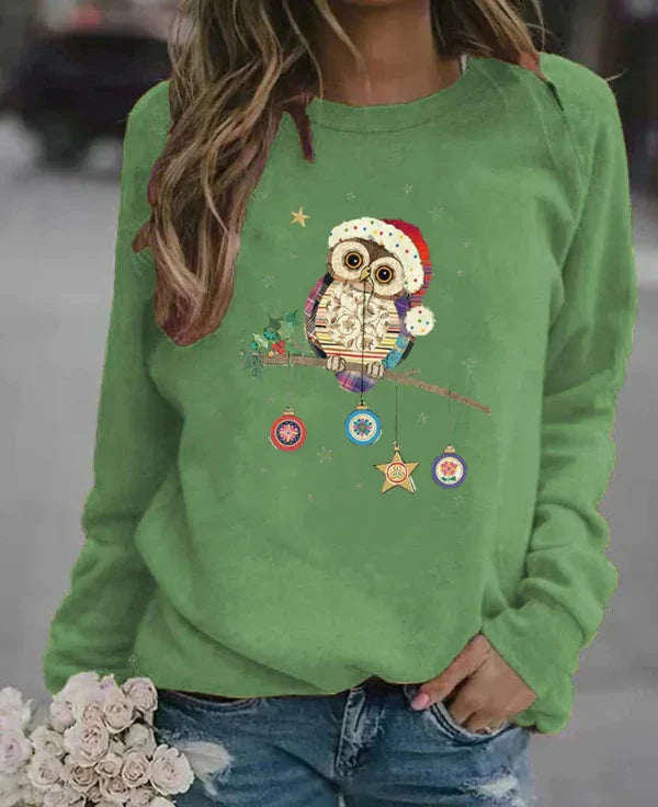 Women's sweatshirt – relaxed fit – soft cotton blend – owl Christmas motif