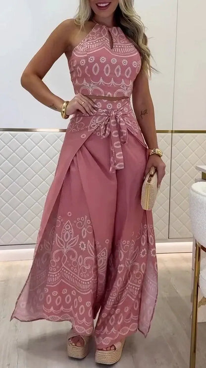 Women's Set – Halterneck Crop Top and Wide Pants – Retro Print – High Waist – Tie String