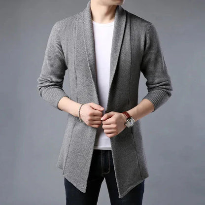 Men's Cardigan – Wool Knit – Regular Fit – Ribbed Texture – Open Front – Shawl Collar
