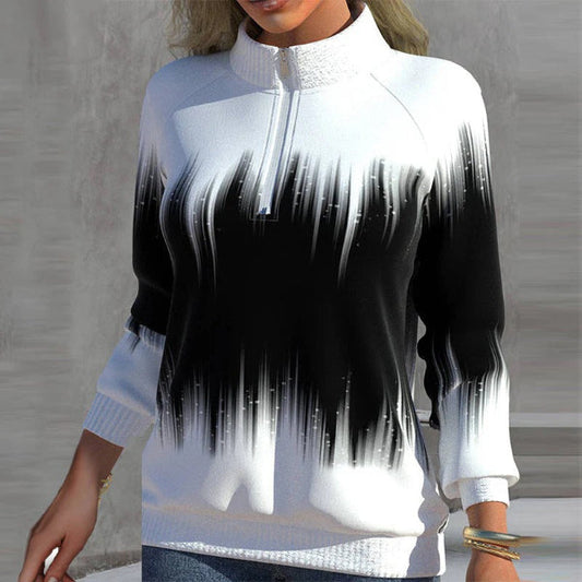 Women's Sweatshirt – Relaxed Fit – Half Zipper – Ribbed Cuffs – Gradient Pattern