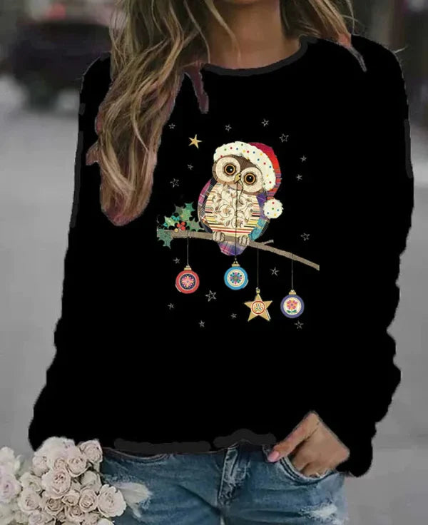 Women's sweatshirt – relaxed fit – soft cotton blend – owl Christmas motif