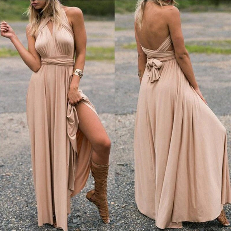 Dress for Women – Wrap Design – Deep V-Neck – Open Back – Floor Length – Stretch Fit