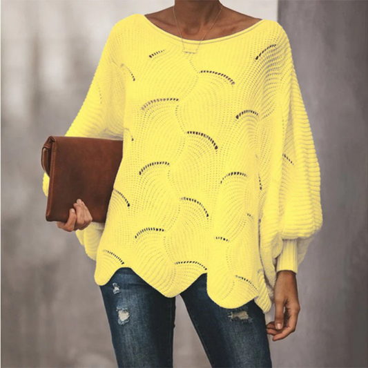 Women's Knit Sweater – Relaxed Fit – Batwing Sleeves – Wavy Hem – Open Knit