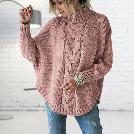Women's Knit Sweater – Oversized Fit – Cable Knit with Turtleneck – Relaxed Layering