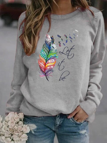 Women's Pullover – Relaxed Fit – Soft Cotton Texture – Feather Print – Long Sleeves