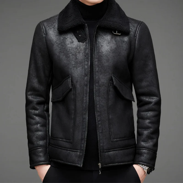 Men's Leather Jacket – Regular Fit – Shearling Collar with Buckle – Zipper Closure