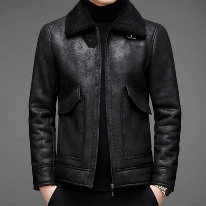 Men's Leather Jacket – Regular Fit – Shearling Collar with Buckle – Zipper Closure