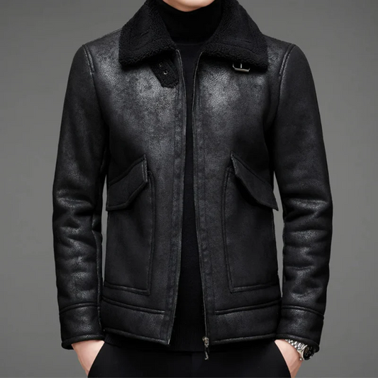 Men's Leather Jacket – Regular Fit – Shearling Collar with Buckle – Zipper Closure