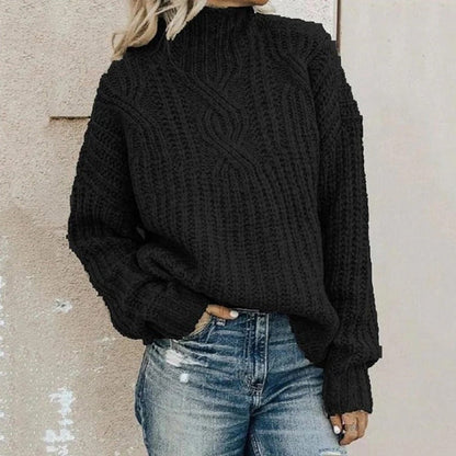 Women's Knit Sweater – Relaxed Fit – Wool-Like – Chunky Cable Knit – High Neck