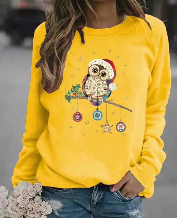 Women's sweatshirt – relaxed fit – soft cotton blend – owl Christmas motif