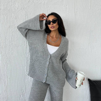 Women's Loungewear Set – Ribbed Knit – Oversized Fit – Button Closure – Wide Sleeves