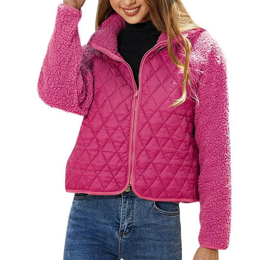 Women's Quilted Jacket – Relaxed Fit – Fleece Collar and Sleeves – Zipper Closure