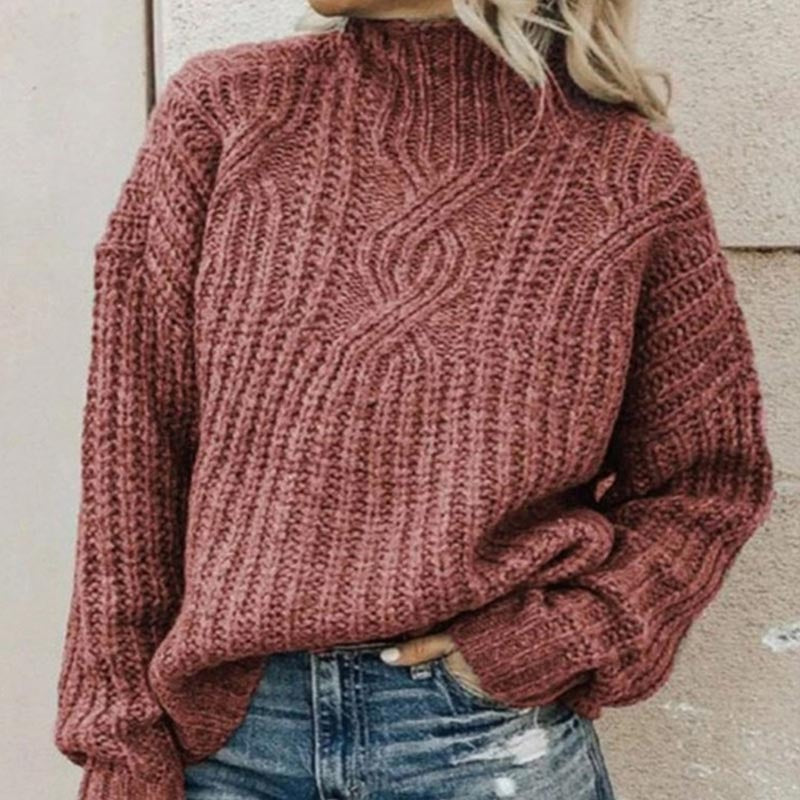 Women's Knit Sweater – Relaxed Fit – Wool-Like – Chunky Cable Knit – High Neck