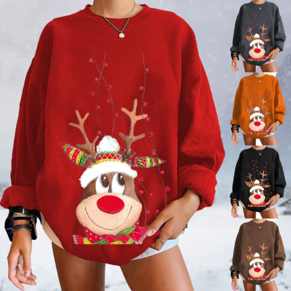 Women's Pullover Sweater – Relaxed Fit – Soft Knit – Reindeer Motif