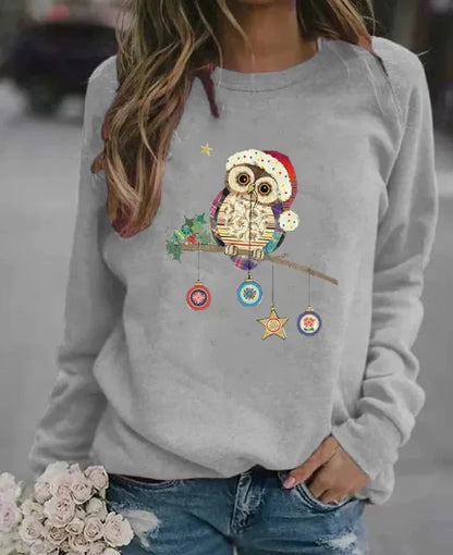 Women's sweatshirt – relaxed fit – soft cotton blend – owl Christmas motif