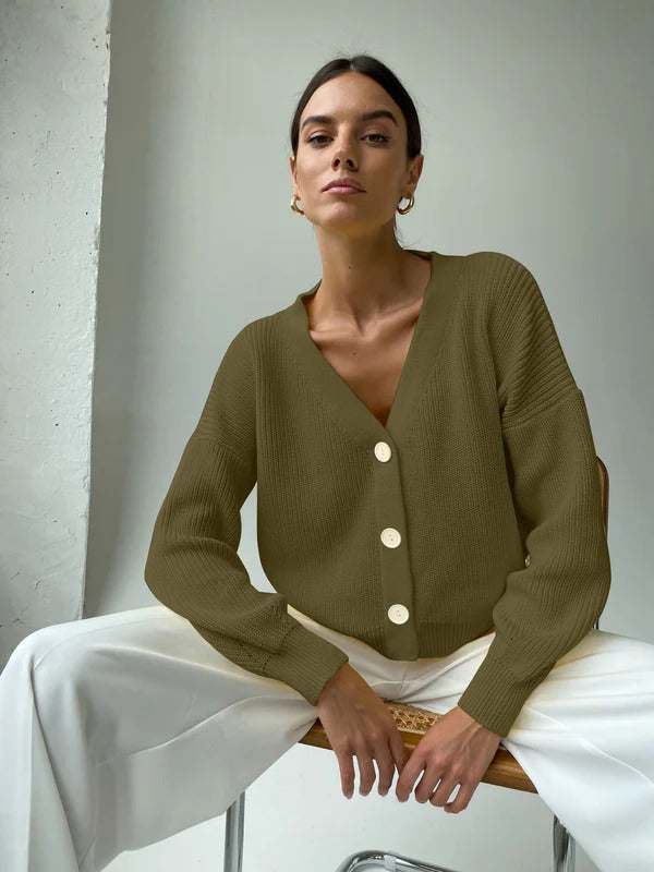 Women's Cardigan – Relaxed Fit – Ribbed Knit – V-Neck – Button Closure – Rolled Sleeves