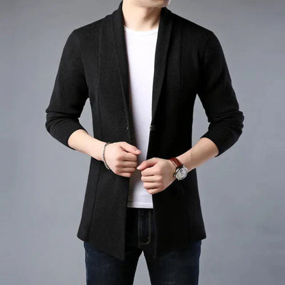 Men's Cardigan – Wool Knit – Regular Fit – Ribbed Texture – Open Front – Shawl Collar
