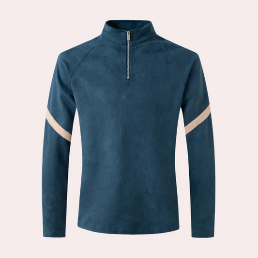 Men's Pullover – Relaxed Fit – High Collar with Short Zipper – Striped Sleeves