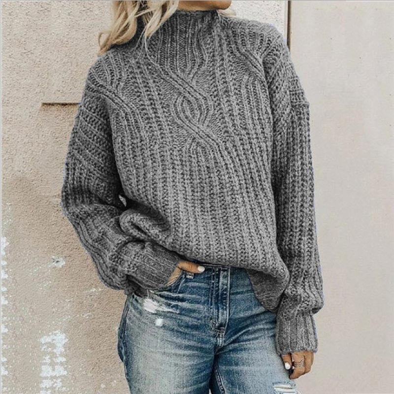 Women's Knit Sweater – Relaxed Fit – Wool-Like – Chunky Cable Knit – High Neck