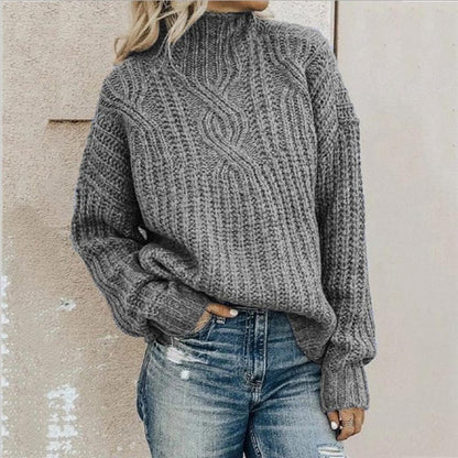 Women's Knit Sweater – Relaxed Fit – Wool-Like – Chunky Cable Knit – High Neck