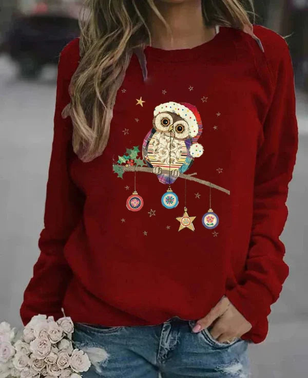 Women's sweatshirt – relaxed fit – soft cotton blend – owl Christmas motif