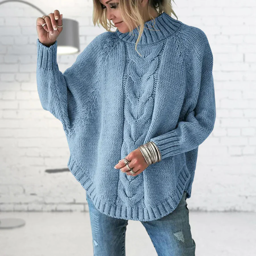 Women's Knit Sweater – Oversized Fit – Cable Knit with Turtleneck – Relaxed Layering