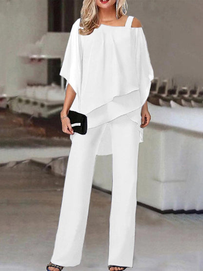 Women's Two-Piece Set – Off Shoulder Top in Light Fabric – Straight Full-Length Pants