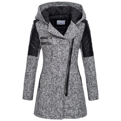 Women’s Coat - Woven Blend - Tailored Fit - Mid-Thigh Length - Hooded - Asymmetrical Zip
