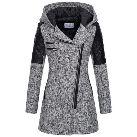 Women’s Coat - Woven Blend - Tailored Fit - Mid-Thigh Length - Hooded - Asymmetrical Zip