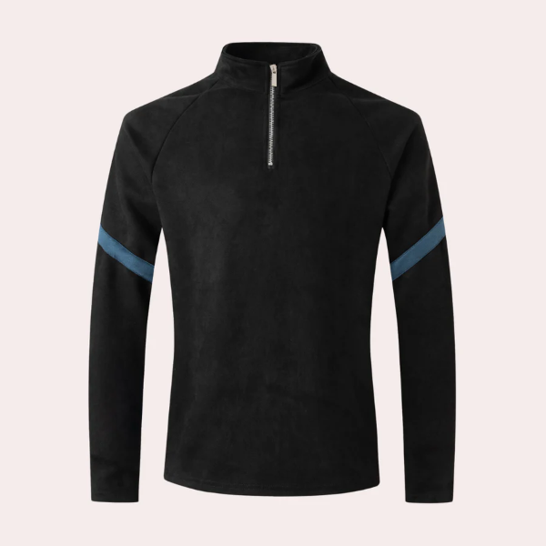 Men's Pullover – Relaxed Fit – High Collar with Short Zipper – Striped Sleeves
