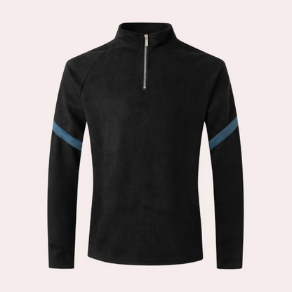 Men's Pullover – Relaxed Fit – High Collar with Short Zipper – Striped Sleeves