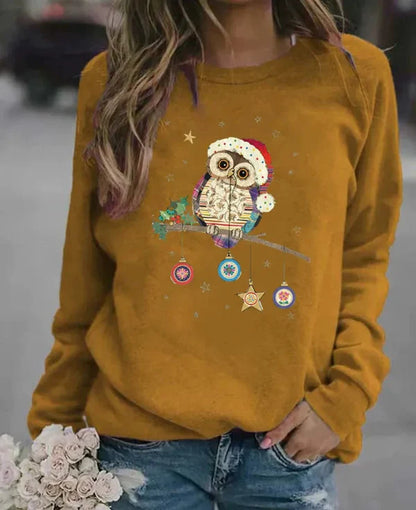 Women's sweatshirt – relaxed fit – soft cotton blend – owl Christmas motif