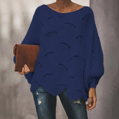 Women's Knit Sweater – Relaxed Fit – Batwing Sleeves – Wavy Hem – Open Knit
