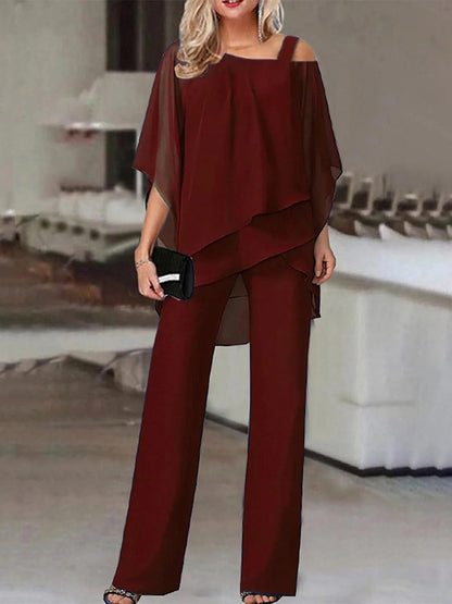 Women's Two-Piece Set – Off Shoulder Top in Light Fabric – Straight Full-Length Pants