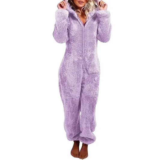 Women's Jumpsuit with Hood – Soft Plush – Relaxed Fit – Zipper – Full Length