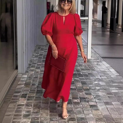 Women's Midi Dress – Loose Fit – Puff Sleeves – Round Neckline – Breathable Cotton
