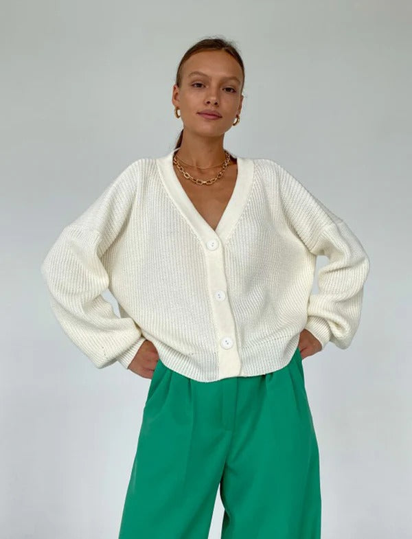 Women's Cardigan – Relaxed Fit – Ribbed Knit – V-Neck – Button Closure – Rolled Sleeves