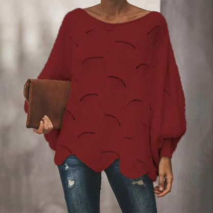 Women's Knit Sweater – Relaxed Fit – Batwing Sleeves – Wavy Hem – Open Knit