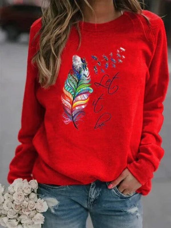 Women's Pullover – Relaxed Fit – Soft Cotton Texture – Feather Print – Long Sleeves