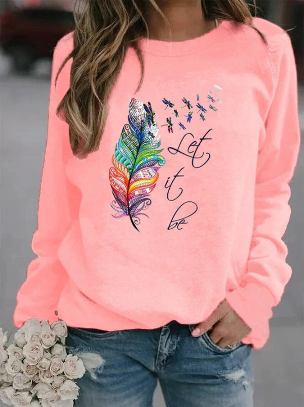 Women's Pullover – Relaxed Fit – Soft Cotton Texture – Feather Print – Long Sleeves