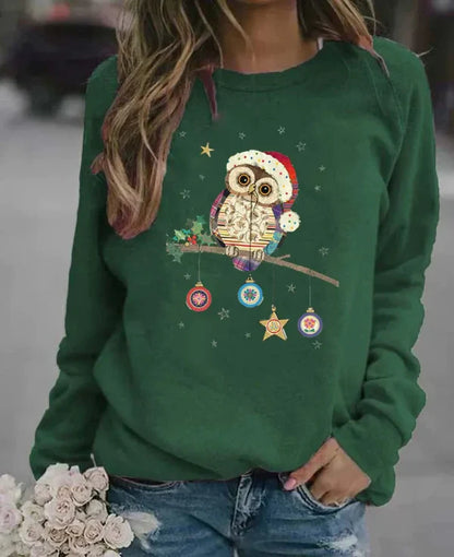 Women's sweatshirt – relaxed fit – soft cotton blend – owl Christmas motif